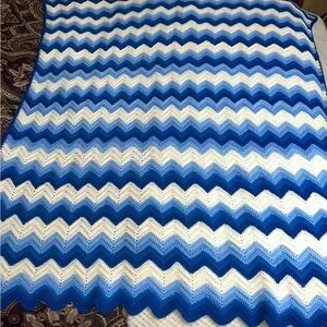 Vintage Handmade Crochet Afghan Throw Blanket Blue Chevron Large “64 x 60“