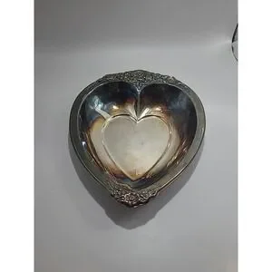 Vintage Heart Shaped Silver Trinket Key Tray Floral Pattern Laurel Mist