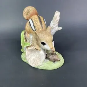 Vintage Homco Chipmunk On Log With Turtle Porcelain Figurine 4 1/2"