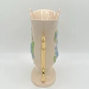 Vintage Hull Pottery Vase USA Art Baby Pink Gold Handles Blue Floral Mid Century
