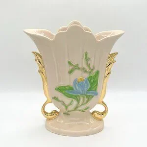 Vintage Hull Pottery Vase USA Art Baby Pink Gold Handles Blue Floral Mid Century