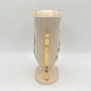 Vintage Hull Pottery Vase USA Art Baby Pink Gold Handles Blue Floral Mid Century
