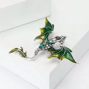 Vintage Inspired Viking Green And Silver Dragon Brooch Engraved Detailing