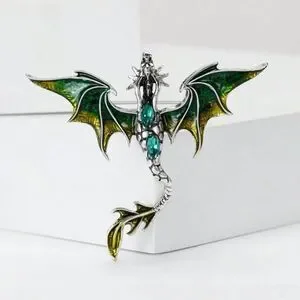 Vintage Inspired Viking Green And Silver Dragon Brooch Engraved Detailing