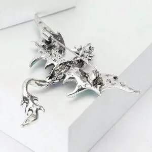Vintage Inspired Viking Green And Silver Dragon Brooch Engraved Detailing