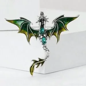 Vintage Inspired Viking Green and Silver Dragon Brooch Engraved Detailing Vintage Inspired Viking Green and Silver Dragon Brooch Engraved Detailing