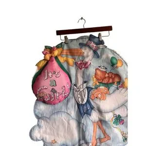 Vintage It's A Girl Stork Baby Wall Hanging Decor Quilted Nursery Art