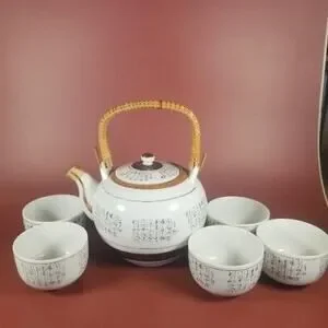 Vintage Japanese Tea Set Gold Black Green White Teapot With Lid 5 Teacups
