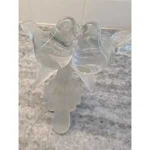 Vintage‎ Kissing Love Birds Clear Frosted Glass Perch Figurine