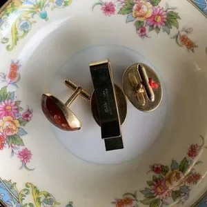 Vintage Kreisler 14KT Tie Clip N Cufflinks Gold-fleck Brown Cabochon Stamped