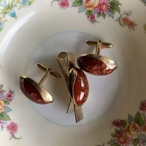 Vintage Kreisler 14KT Tie Clip N Cufflinks Gold-fleck Brown Cabochon Stamped