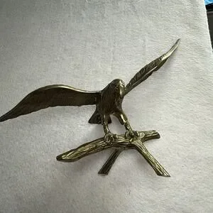 VINTAGE LARGE BRASS EAGLE PERCHED ON A BRANCH STATUE 18" WING SPAN