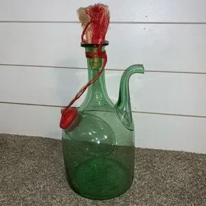 Vintage Large Hand Blown Glass Italian Wine Decanter/ Carafe Ice Chamber Green