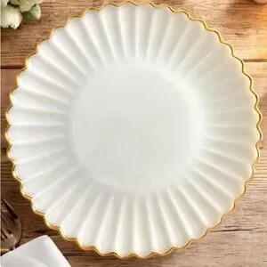 Vintage Large Milk Glass Platter 14.5” Ruffled Edge 22k Gold Trim Anchor Hocking