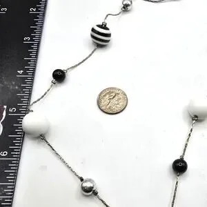 Vintage Long Beaded Necklace Striped Ball Beads Silver Tone 26 Inch Retro Jewelr