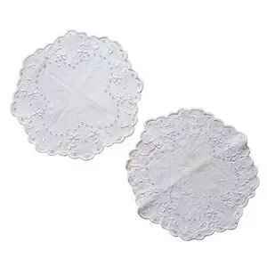 Vintage Lot 3 Round Linen Plate Doilies White Embroidery Floral Daisy