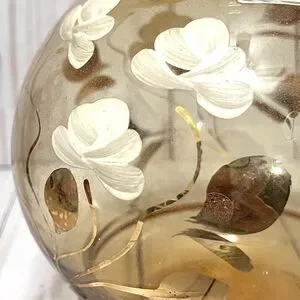 Vintage MCM Italian Amber Glass With White Flowers Decanter With Topper
