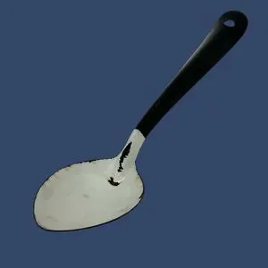 Vintage Metal Enamelware 12”Large Serving Spoon White With Black Handle