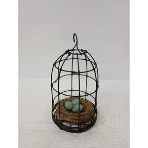 Vintage Metal Wire Cage With Bird Nest & Eggs Farmhouse Rustic Hanging Decor