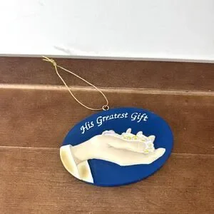 Vintage Miles Kimball His Greatest Gift Blue Resin Hands Ornament Christmas