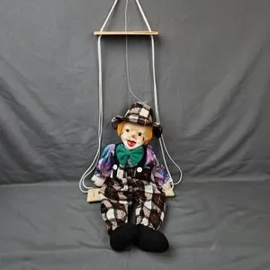 Vintage Monarch Collection Clown Porcelain 12" Puppet Marionette On Wooden Swing