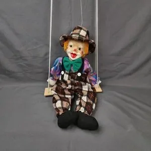 Vintage Monarch Collection Clown Porcelain 12" Puppet Marionette On Wooden Swing