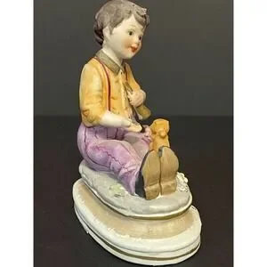Vintage Napcoware Hand Painted Porcelain Figurine Boy Feeding Squirrel & Flowers