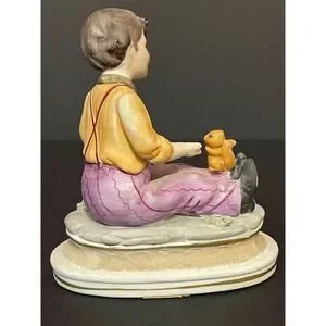 Vintage Napcoware Hand Painted Porcelain Figurine Boy Feeding Squirrel & Flowers
