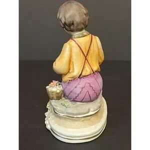 Vintage Napcoware Hand Painted Porcelain Figurine Boy Feeding Squirrel & Flowers