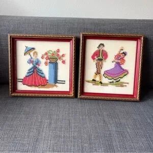 Vintage Needlepoint Set Woman With Parasol & Matador And Woman Beautiful Framed