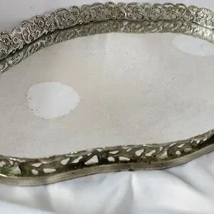 Vintage Ornate Metal Art Deco Vanity Mirrored Tray