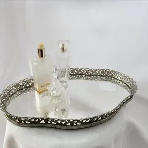 Vintage Ornate Metal Art Deco Vanity Mirrored Tray