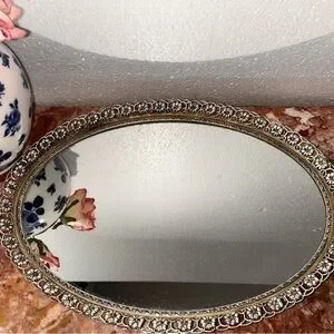 Vintage Ornate Vanity Tray /table Top Stand Mirror. Oval