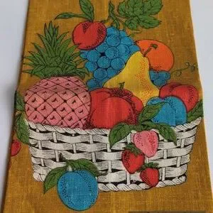 VINTAGE Parisian Prints 100% Pure Linen Tea Towel Fruit Basket