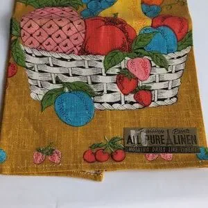 VINTAGE Parisian Prints 100% Pure Linen Tea Towel Fruit Basket