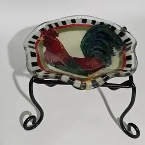 Vintage Peggy Karr Rooster Fluted Glass Bowl Signed Checkered Edge Metal Stand