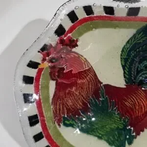 Vintage Peggy Karr Rooster Fluted Glass Bowl Signed Checkered Edge Metal Stand