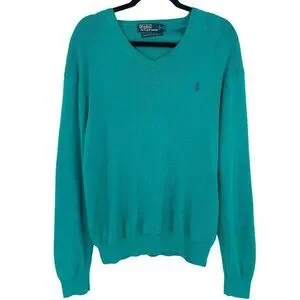 Vintage Polo Ralph Lauren 100% Pima Cotton V-Neck Long Sleeve Knit Sweater Teal