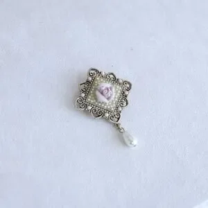Vintage Porcelain Pink Rose Brooch Faux Pearl Teardrop Dangle Pin Gift
