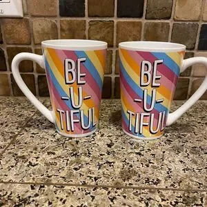 Vintage Rainbow Be-U-Tiful Stoneware Double Sided Mugs