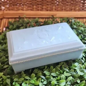 Vintage Rectangular Celluloid Lidded Vanity Table Box In Light Blue Coquette
