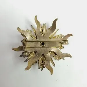Vintage Rhinestone Starburst Radiant Sun Shaped Brooch Gold Tone Lapel Pin