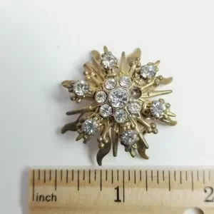 Vintage Rhinestone Starburst Radiant Sun Shaped Brooch Gold Tone Lapel Pin