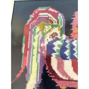 Vintage Rooster Multicolor Needlepoint Framed Wall Art 12" X 12" Retro Kitsch