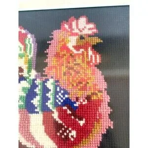 Vintage Rooster Multicolor Needlepoint Framed Wall Art 12" X 12" Retro Kitsch