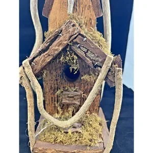 Vintage Rustic Primitive Natural Wood &Decorative Bird House Church Moss
