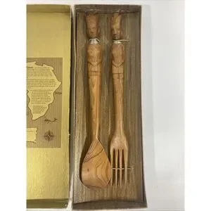 Vintage Salad Server Set African Kenya Mvule Wood Fork Spoon New w/Box