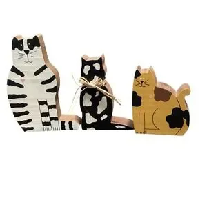 Vintage Set Of 3 Wood Cat Shelf Sitters - Hand Painted (2) Signed By Wanda EUC