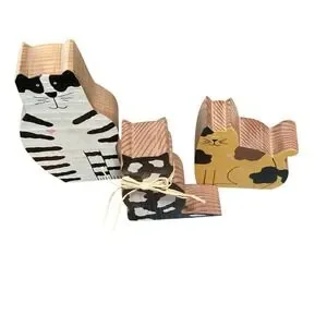 Vintage Set Of 3 Wood Cat Shelf Sitters - Hand Painted (2) Signed By Wanda EUC