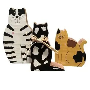 Vintage Set Of 3 Wood Cat Shelf Sitters - Hand‎ Painted (2) Signed By Wanda EUC